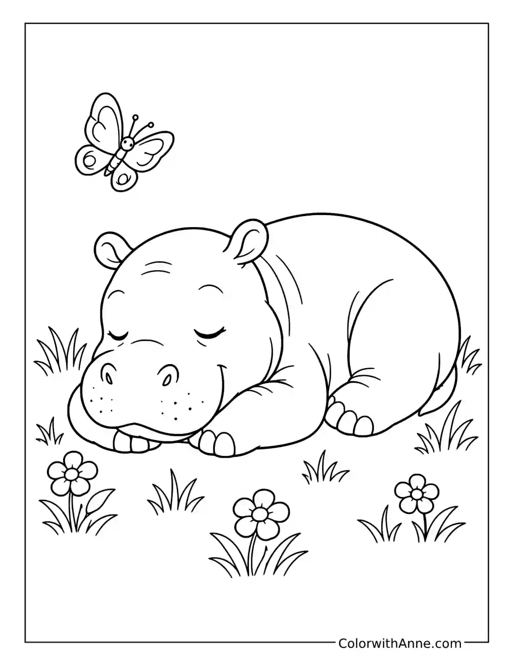 Sleeping Baby Hippo Among Flowers coloring page