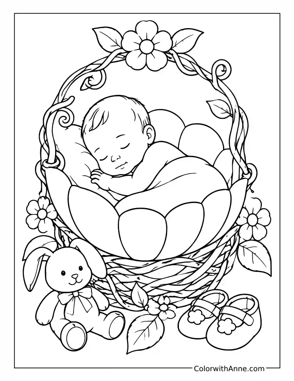 Sleeping Baby in a Petal Cradle coloring page