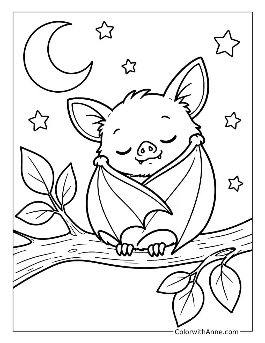 Sleeping Bat Wrapped in Its Wings on a Branch coloring page
