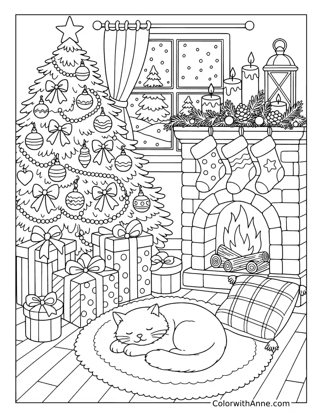 Sleeping Cat by the Christmas Fireplace coloring page
