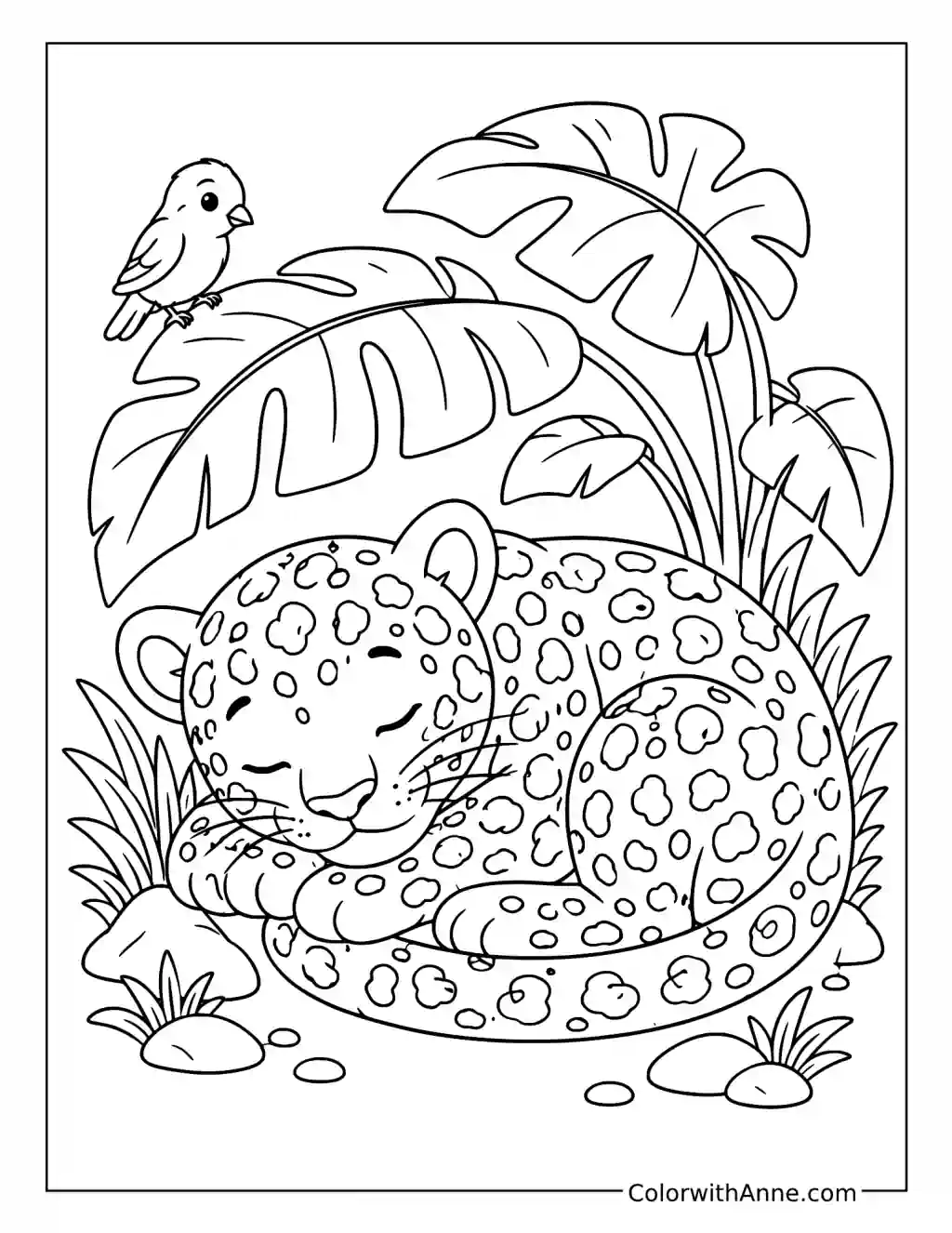 Sleeping Jaguar Beneath Tropical Leaves coloring page