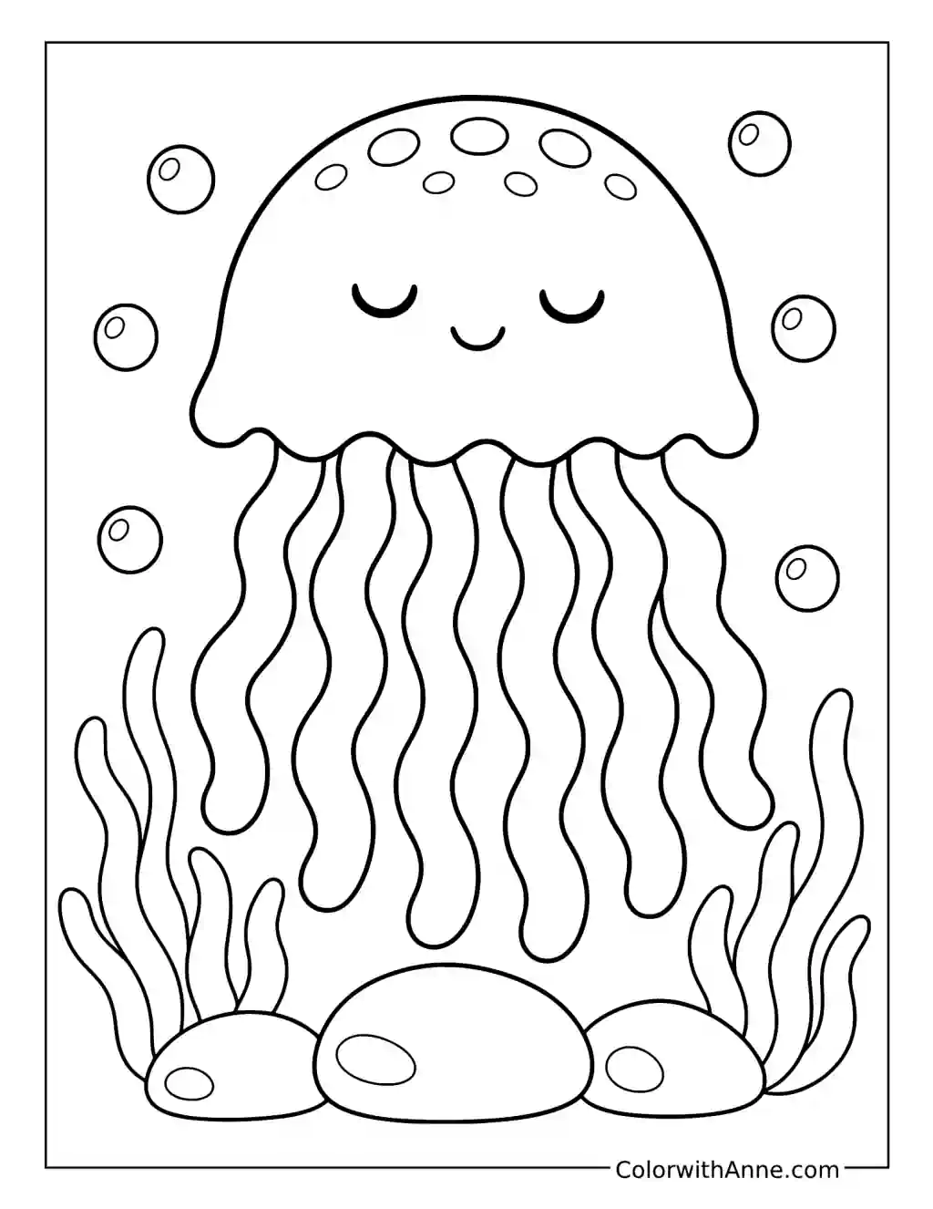 Sleeping Jellyfish Above Rocks and Seaweed coloring page
