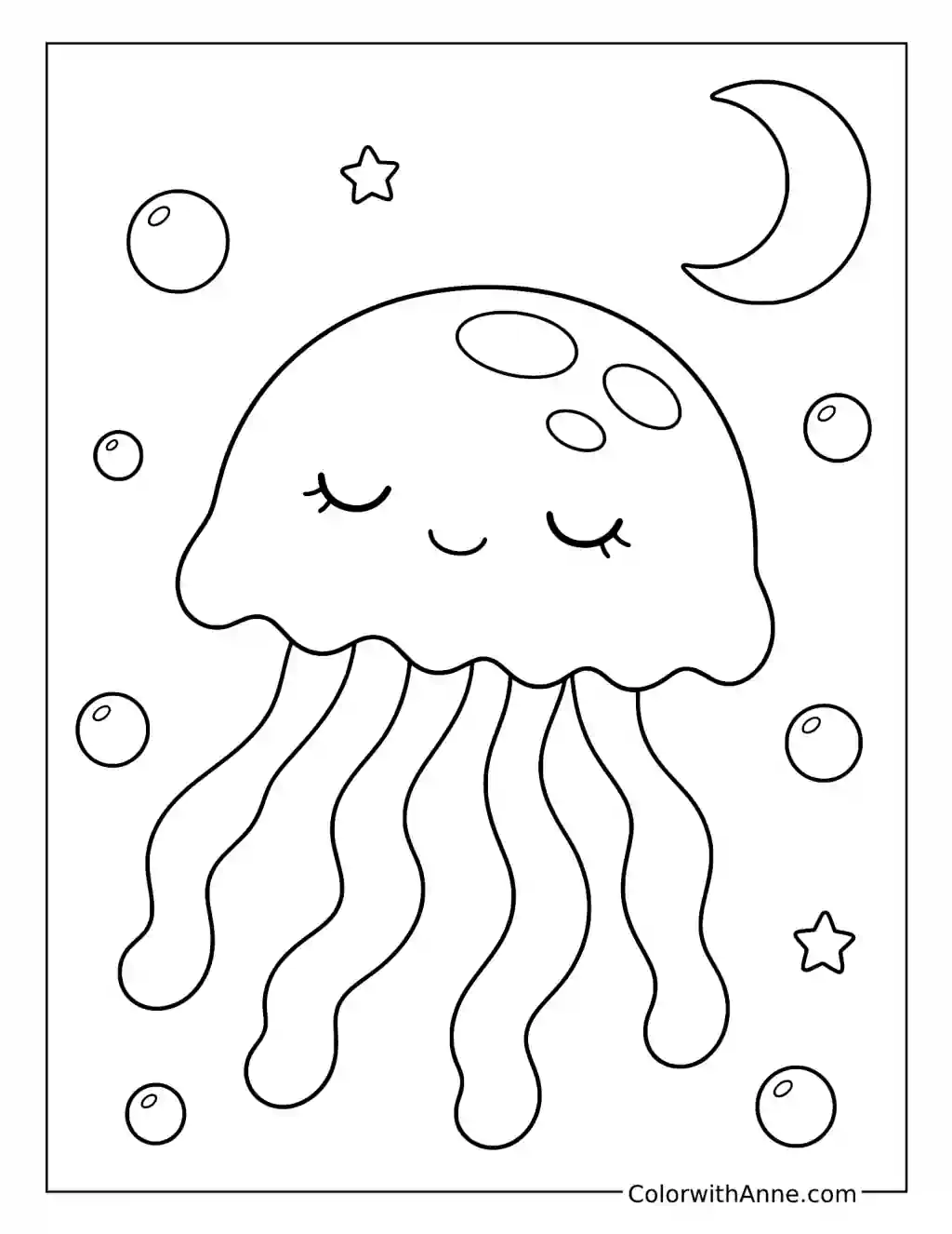 Sleeping Jellyfish Beneath a Crescent Moon coloring page