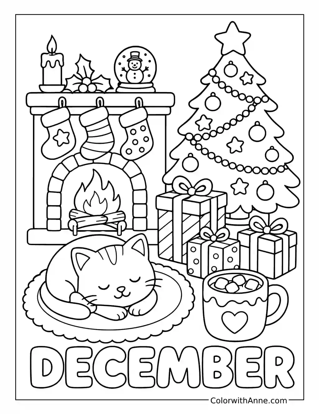 Sleeping Kitten by the Christmas Fireplace coloring page