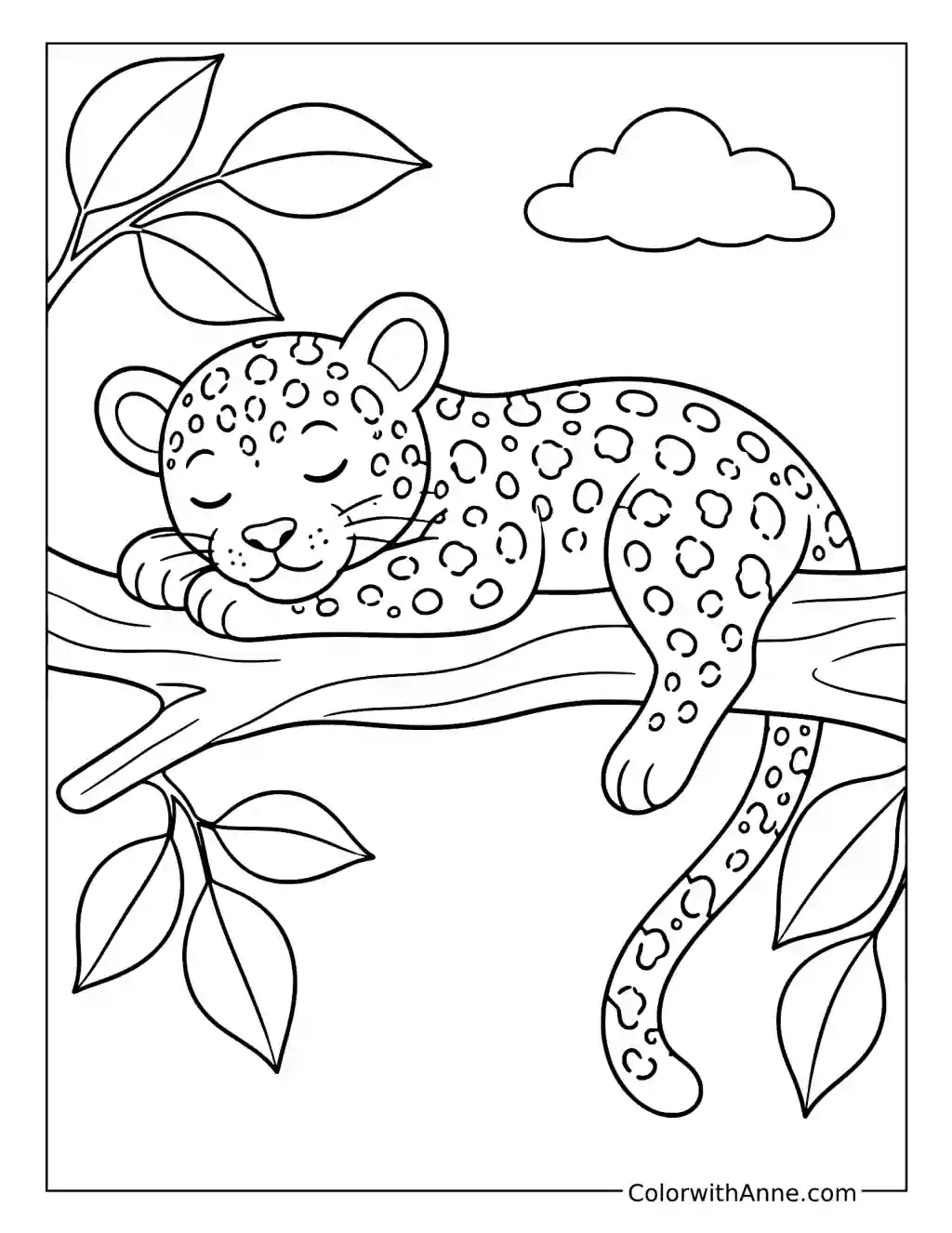 Sleeping Leopard Cub on a Tree Branch coloring page