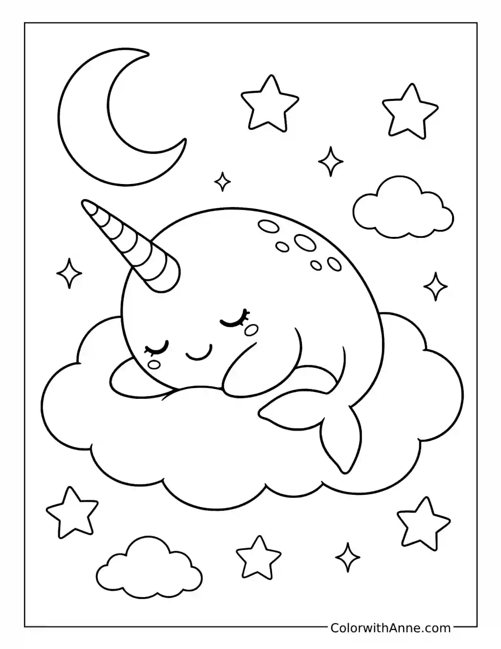 Sleeping Narwhal on a Moonlit Cloud coloring page