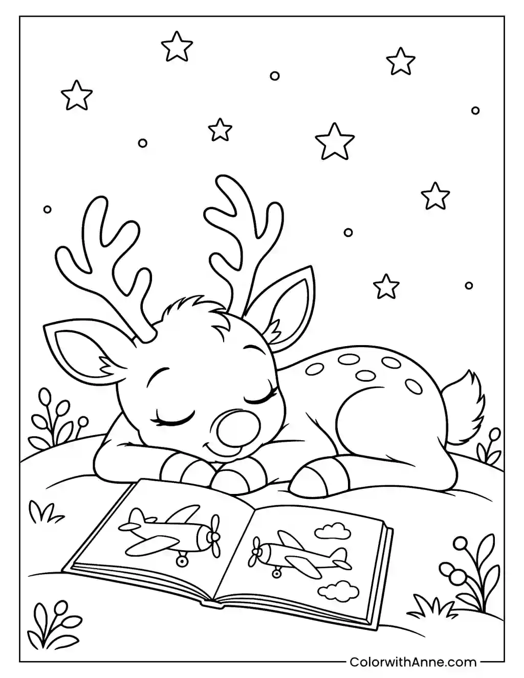 Sleeping Rudolph on a Starry Night Coloring Page