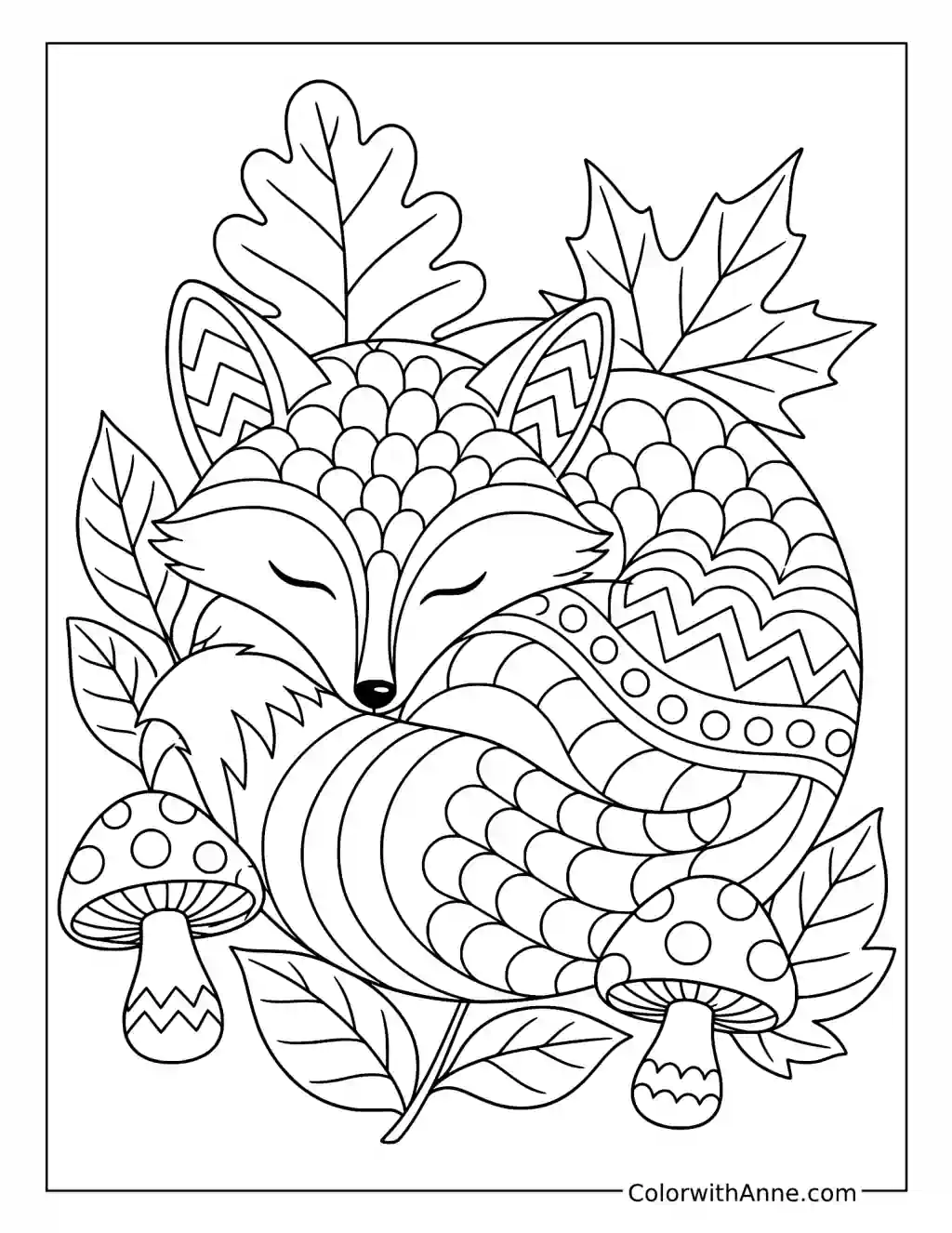 Sleeping Zentangle Fox in an Autumn Forest coloring page