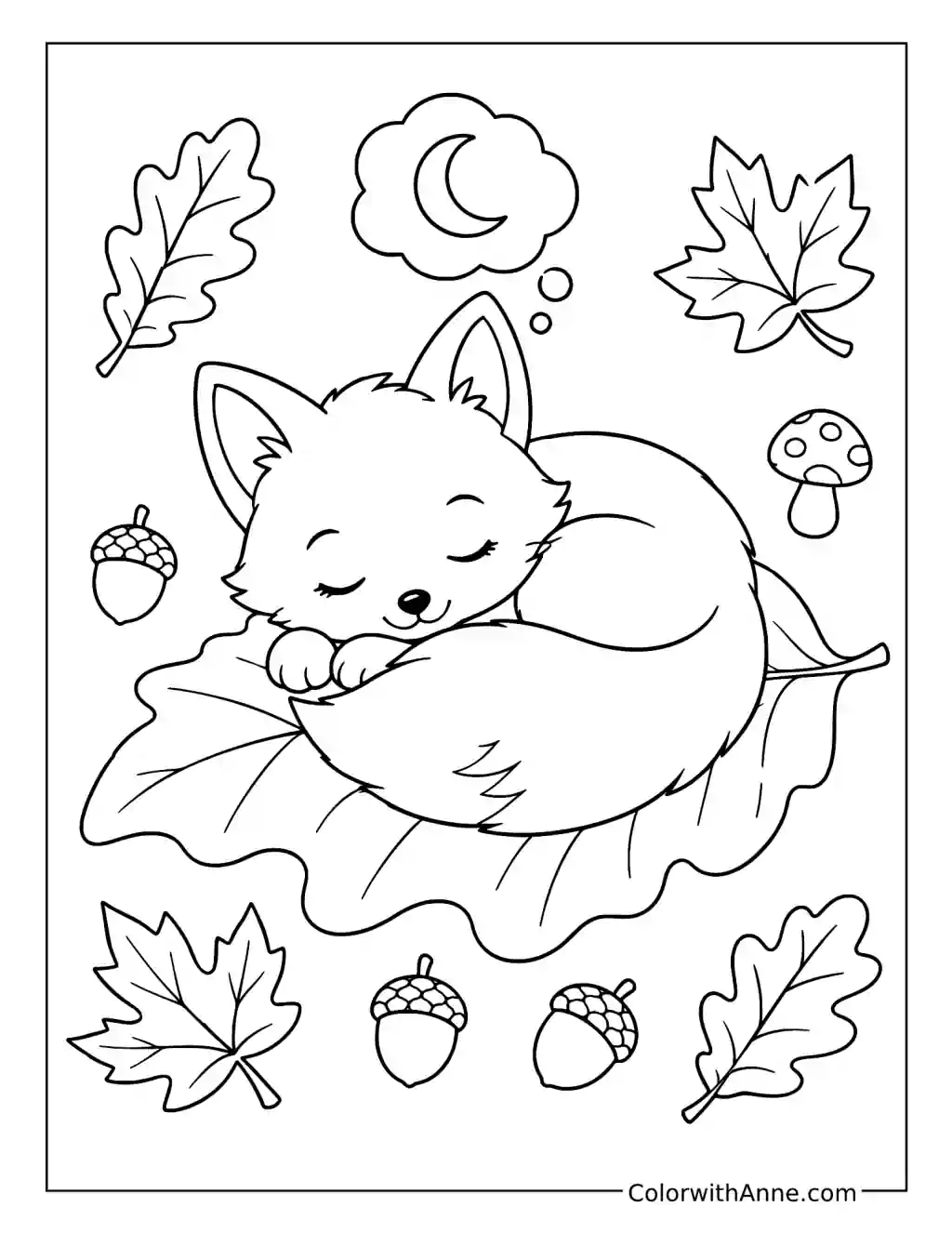 Sleepy Baby Fox on an Autumn Leaf coloring page