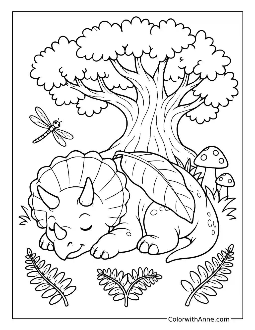 Sleepy Baby Triceratops Under a Tree coloring page