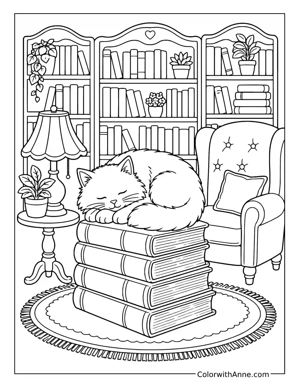 Sleepy Cat in a Bookshop coloring page