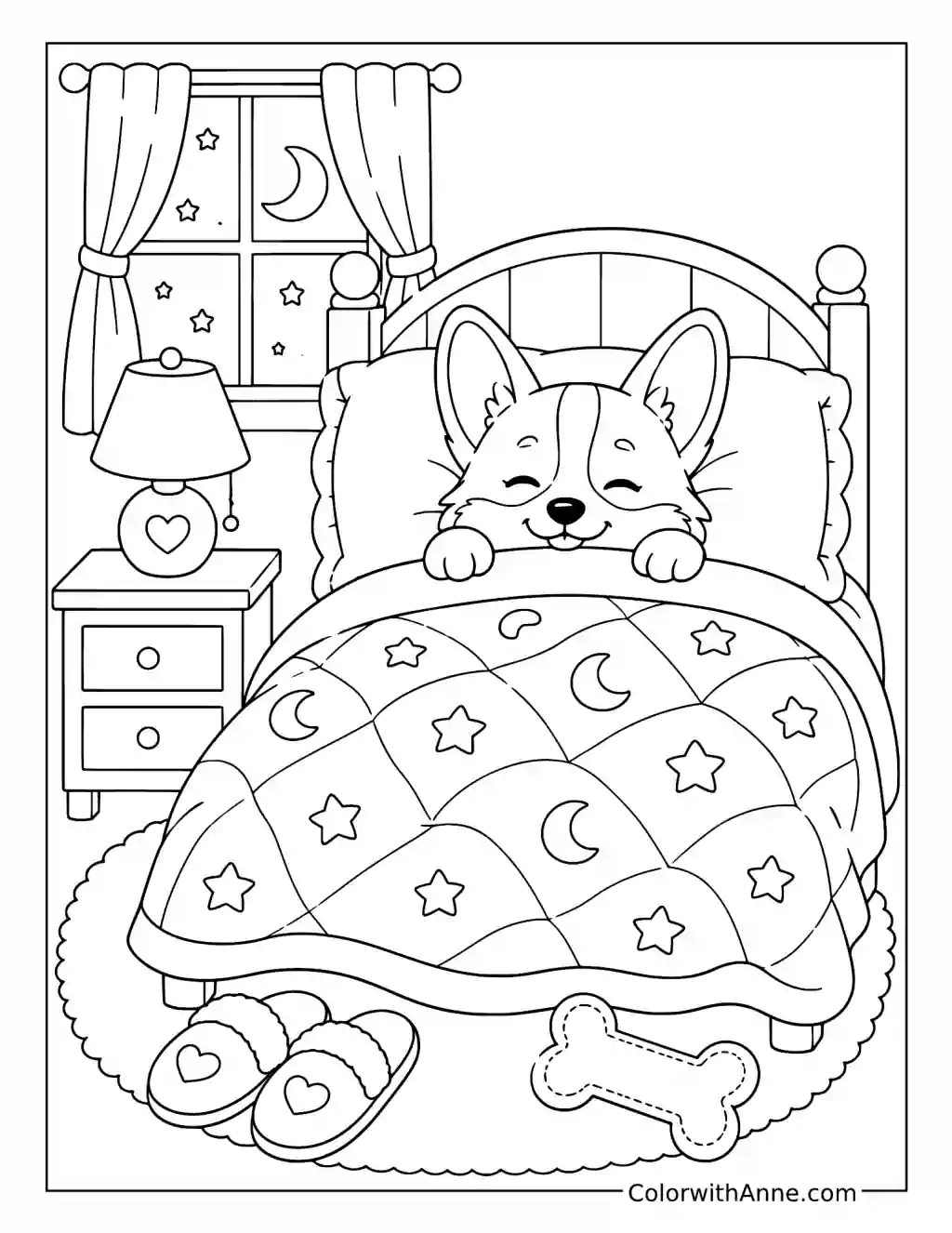 Sleepy Corgi in Bed coloring page