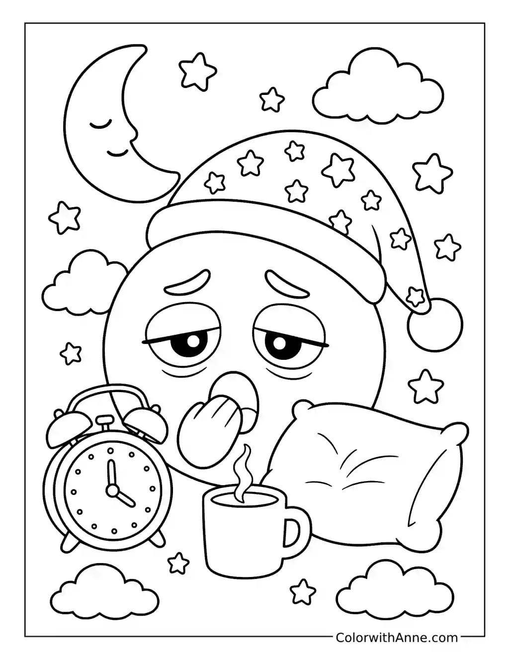 Sleepy Emoji with an Alarm Clock and Pillow coloring page
