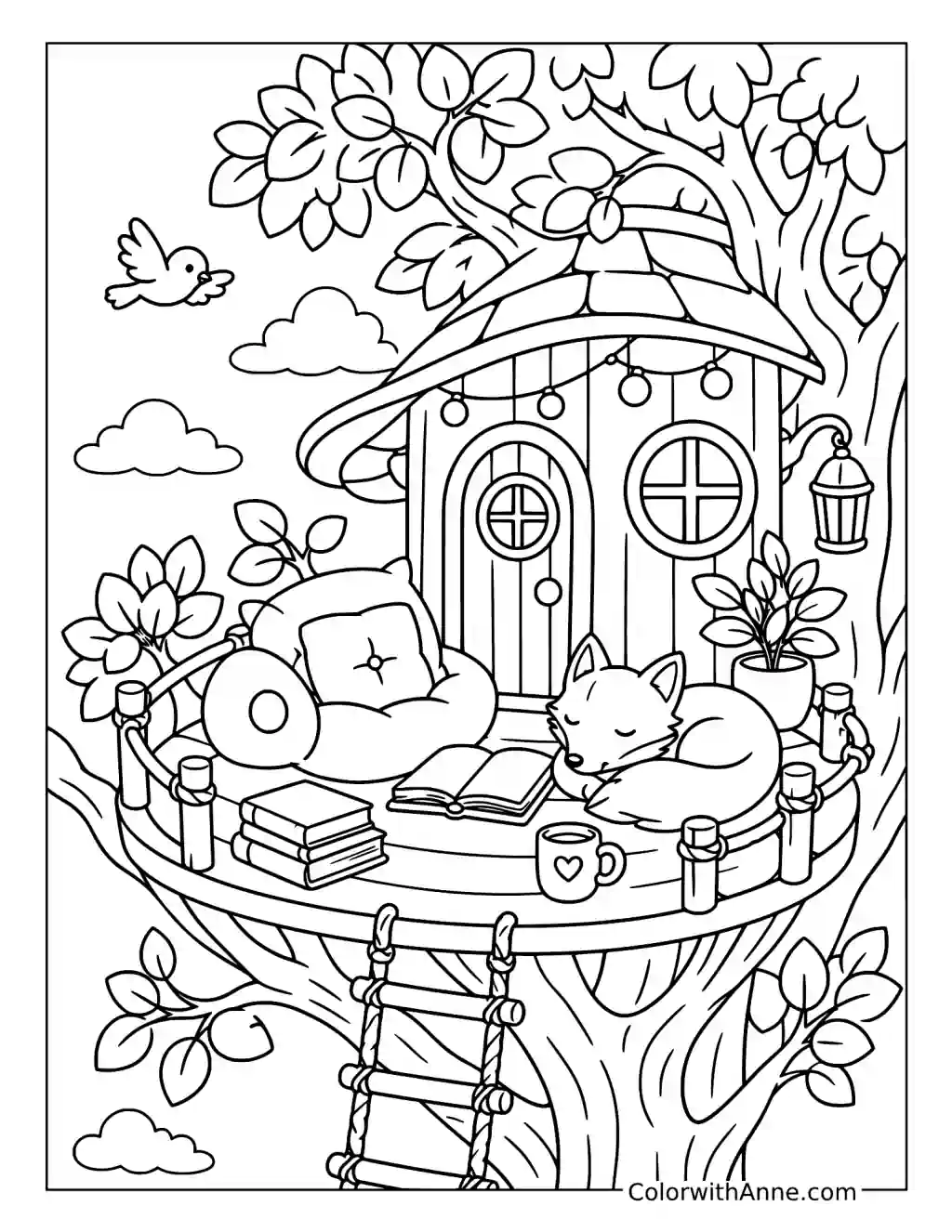 Sleepy Fox Treehouse Reading Nook coloring page