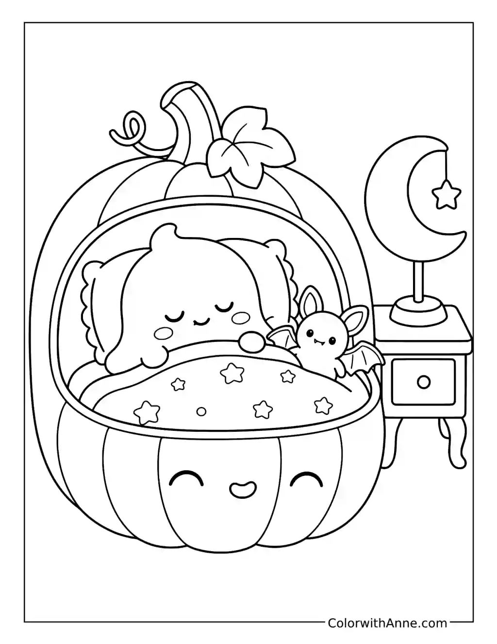 Sleepy Ghost in a Pumpkin Bedroom coloring page