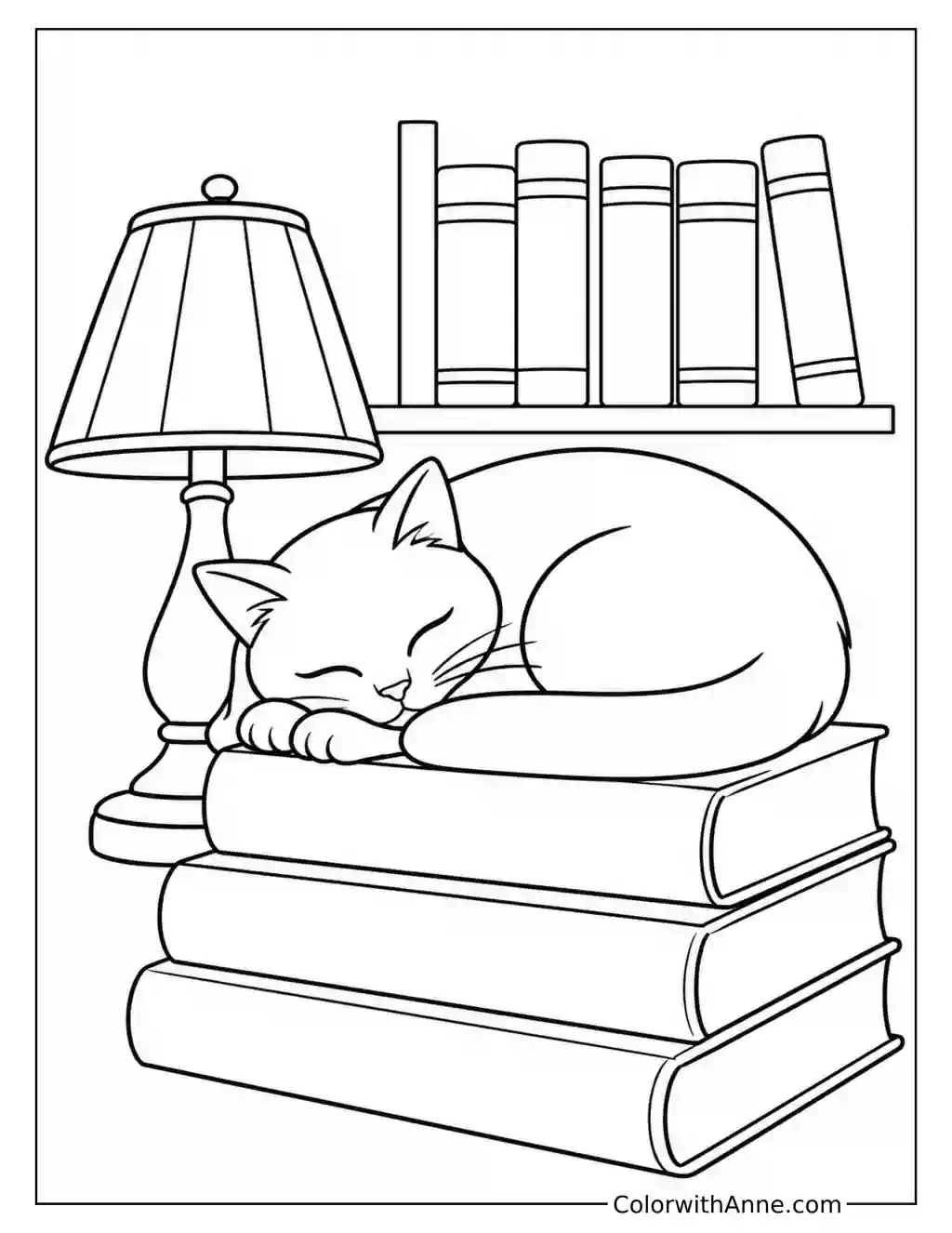 Sleepy Library Cat on Stacked Books coloring page