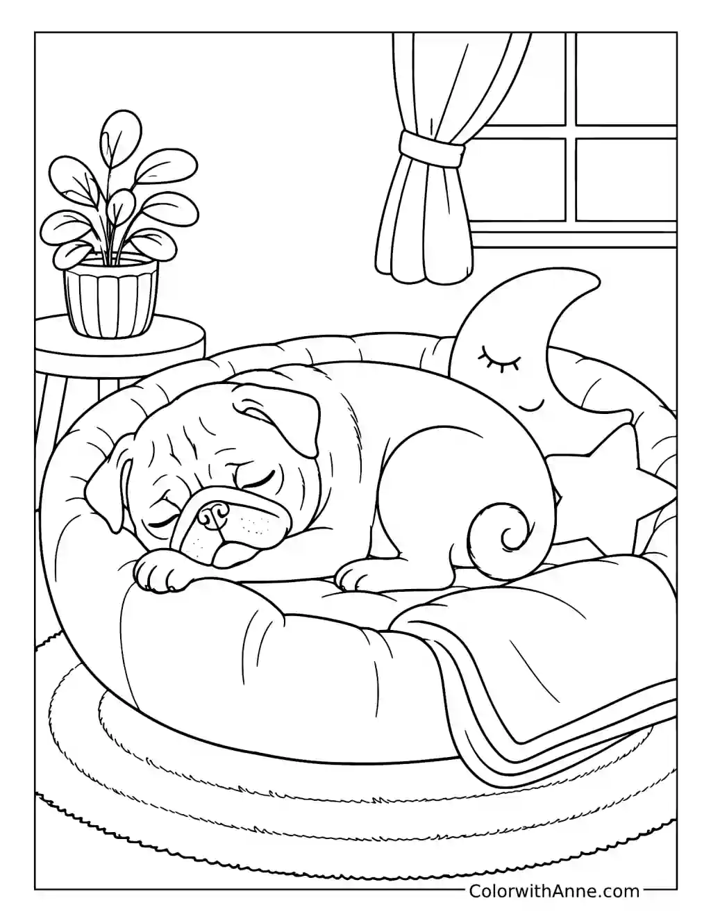 Sleepy Pug in a Cozy Bed coloring page