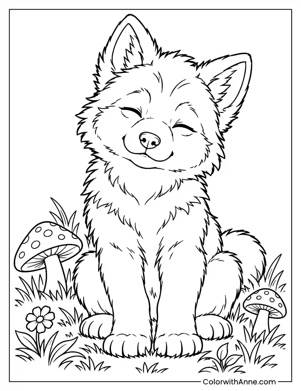 Sleepy Wolf Puppy in a Mushroom Field Coloring Page