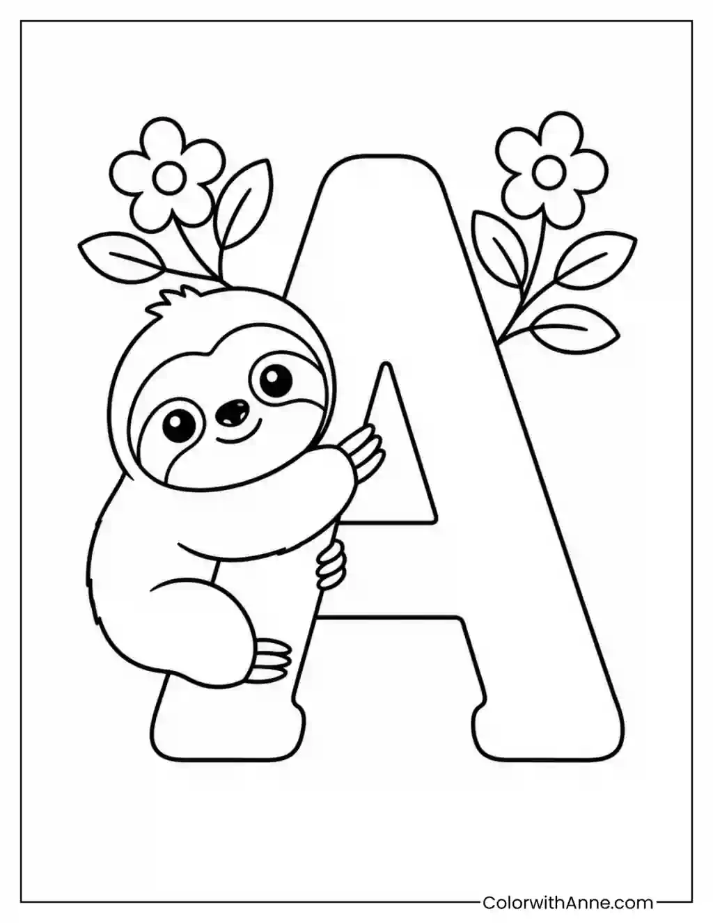 Sloth Hugging the Letter A coloring page