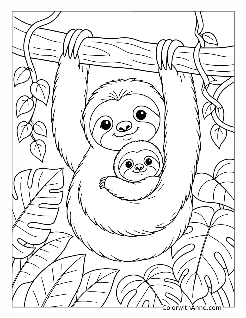 Sloth Mother and Baby Hanging from a Tree Branch coloring page
