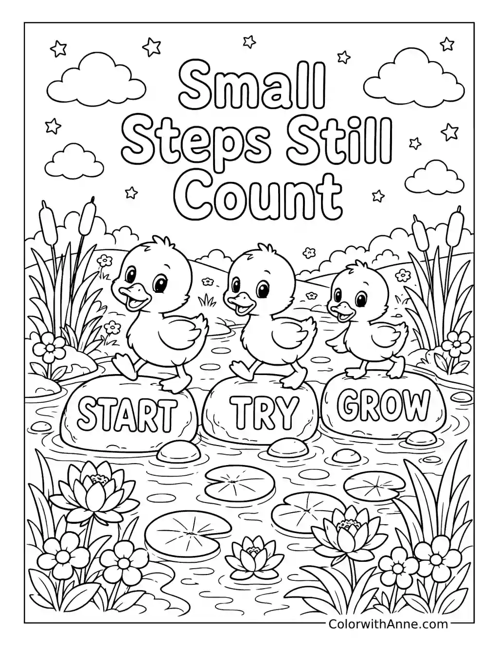 Small Steps Still Count with Ducklings on Stepping Stones coloring page