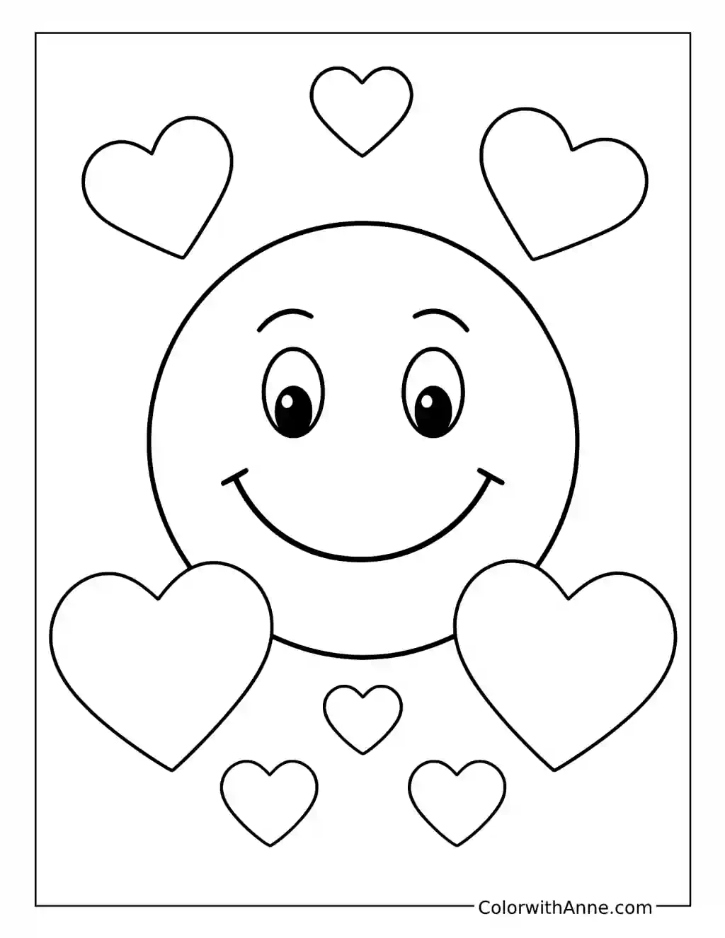 Smiley Face Surrounded by Hearts coloring page