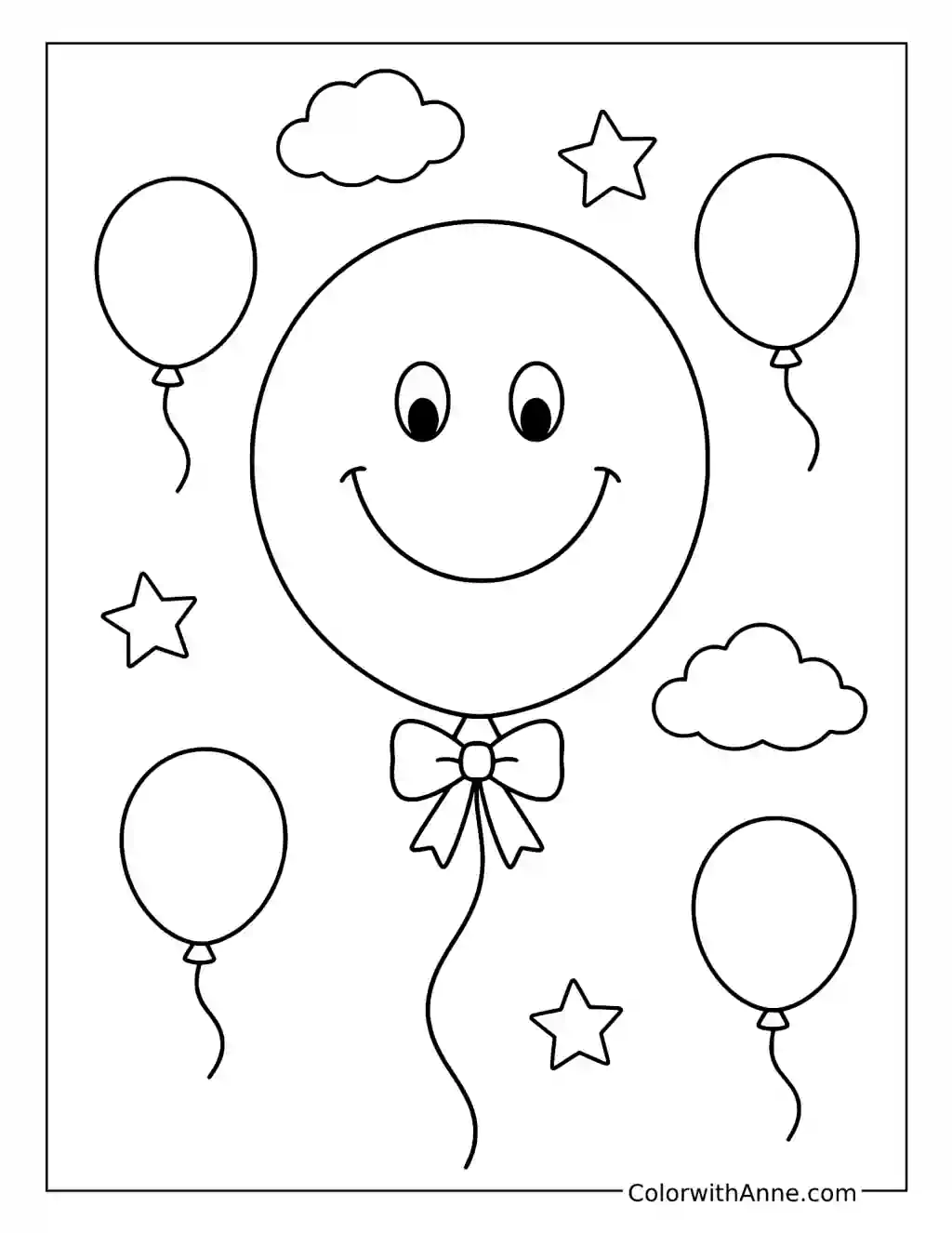 Smiley Face with Balloons and a Bow Tie coloring page