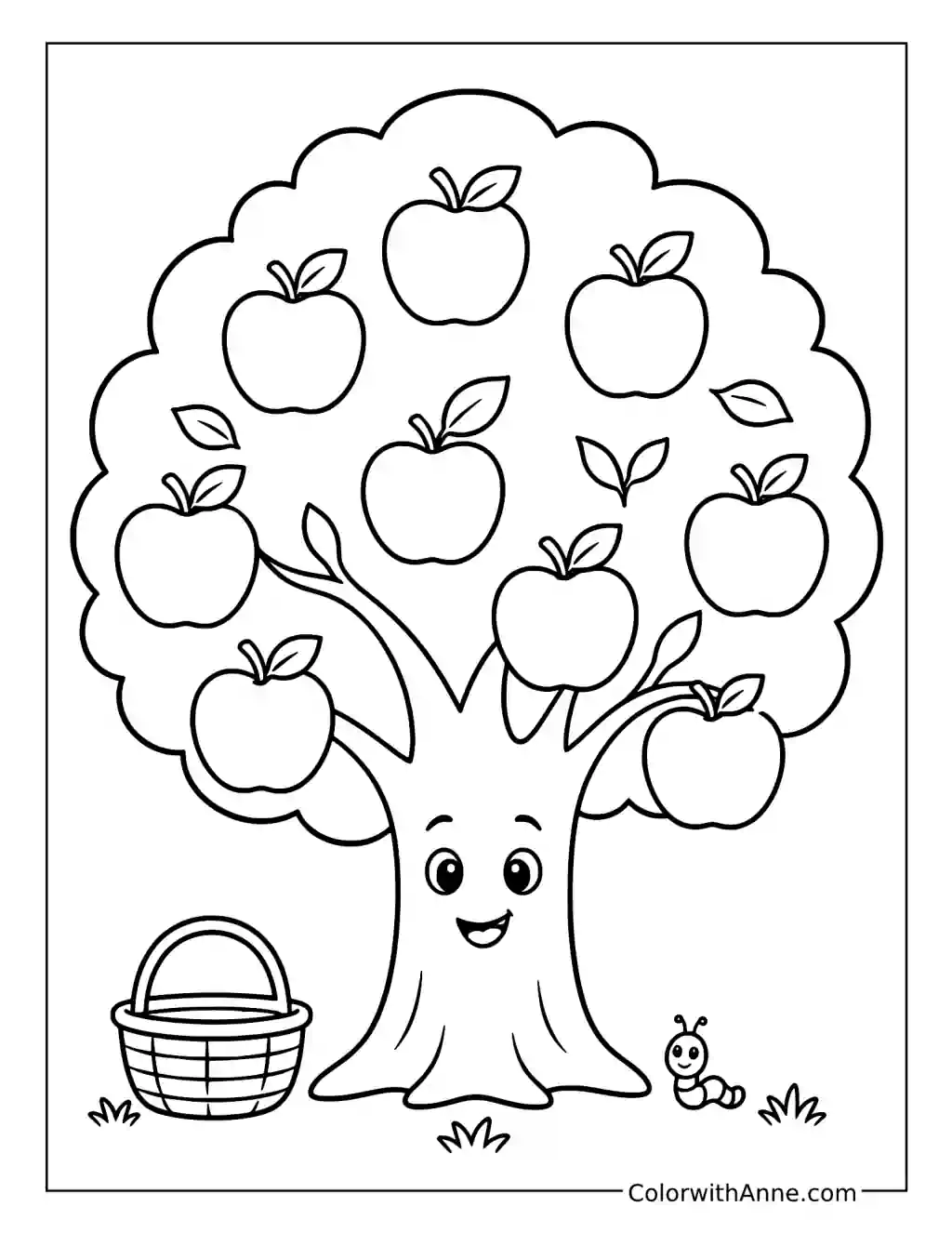 Smiling Apple Tree with a Basket coloring page