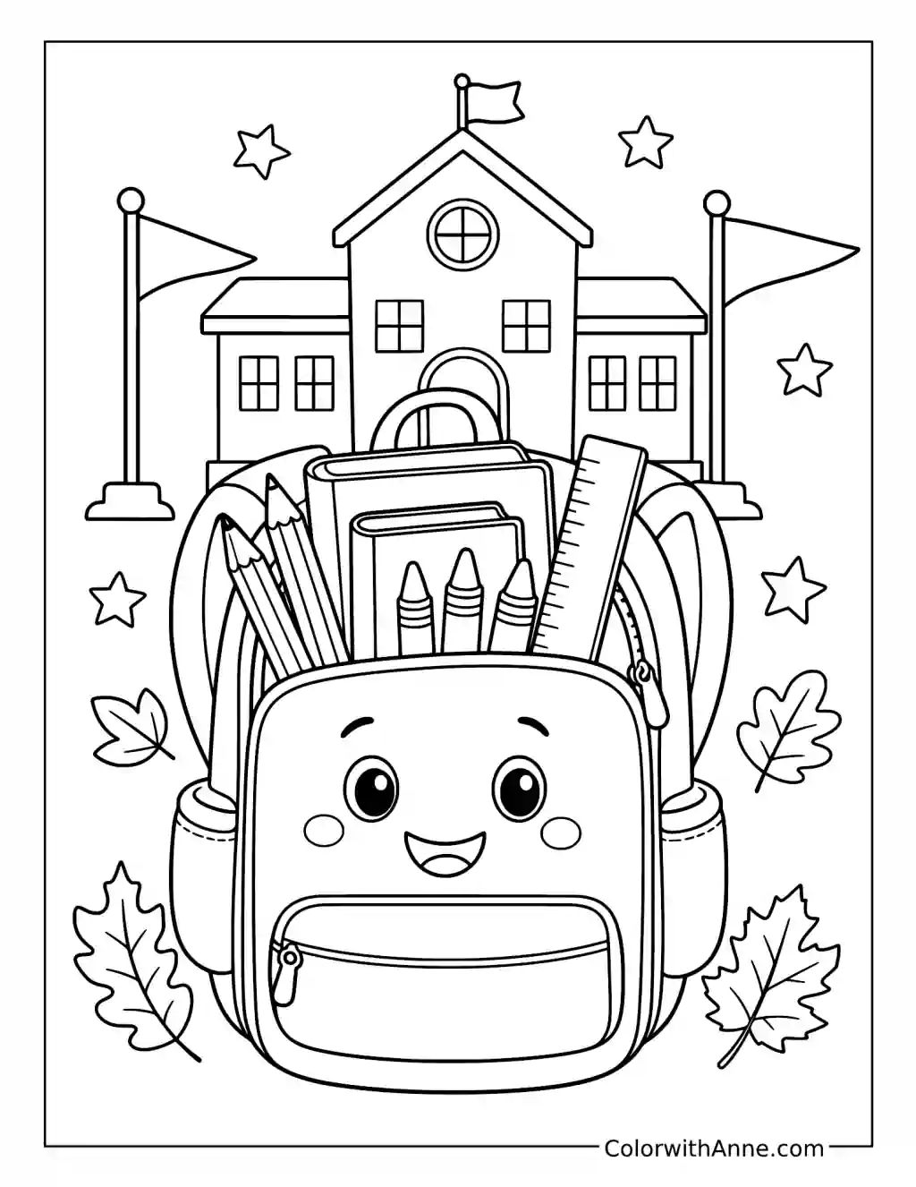 Smiling Backpack Filled with School Supplies coloring page