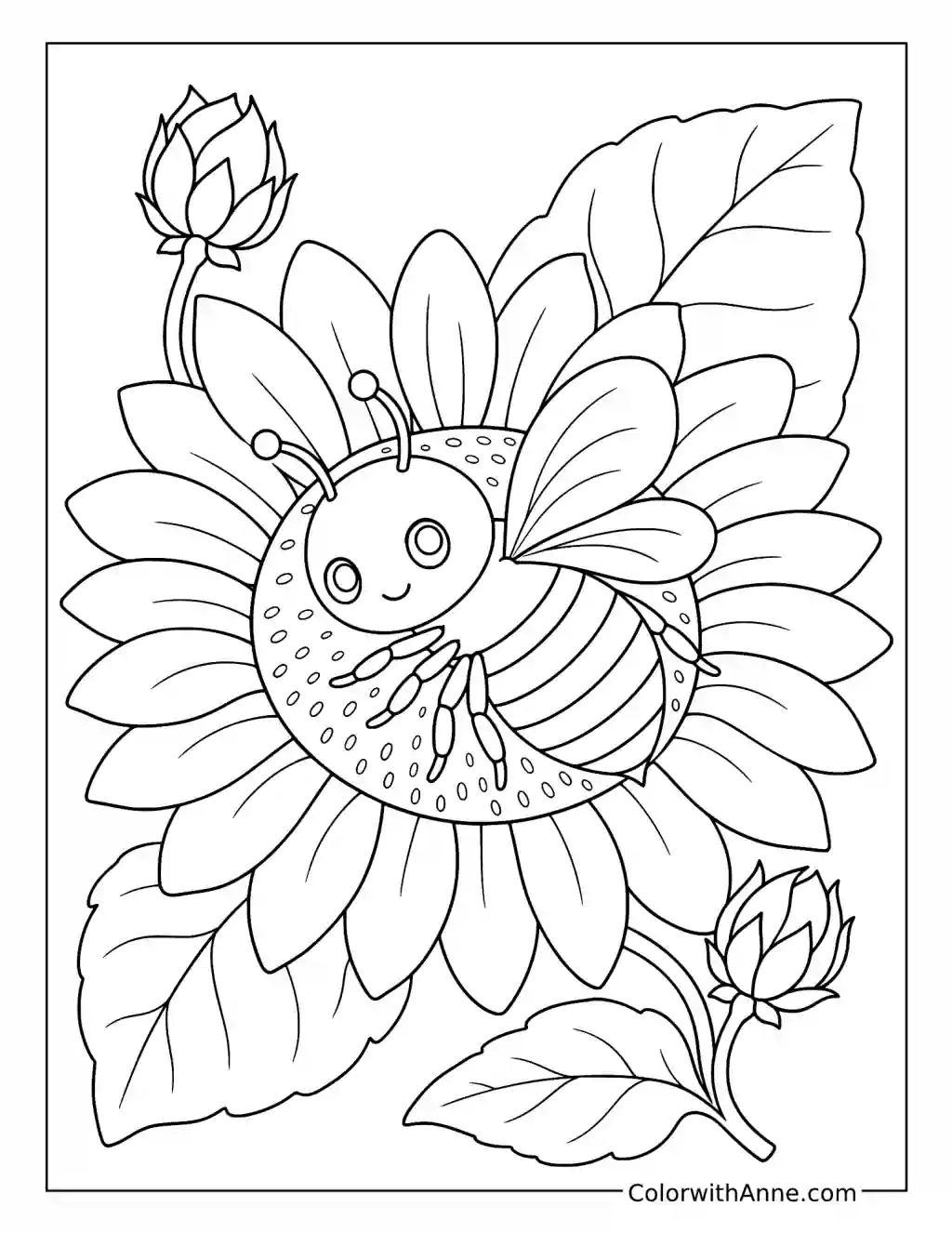 Smiling Bee on a Large Flower coloring page
