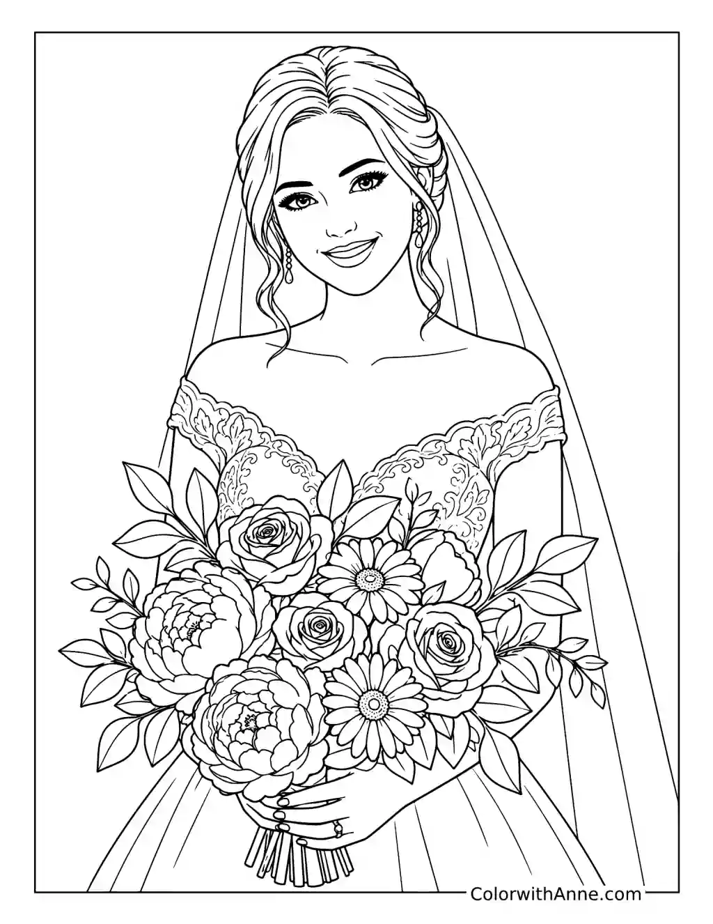 Smiling Bride with a Wedding Bouquet coloring page