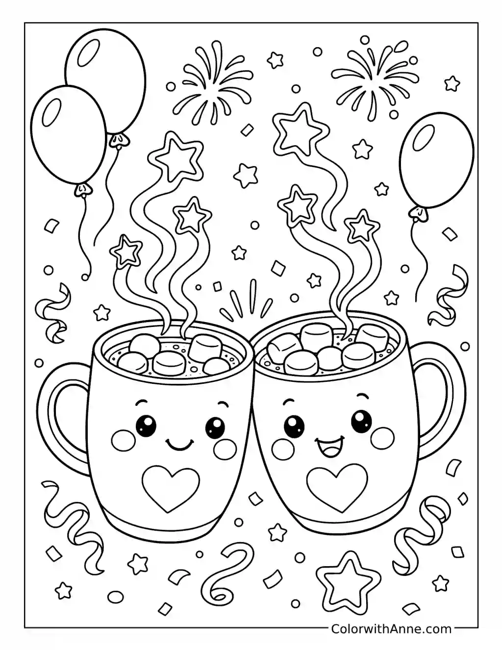 Smiling Cocoa Mugs Celebrating the New Year coloring page