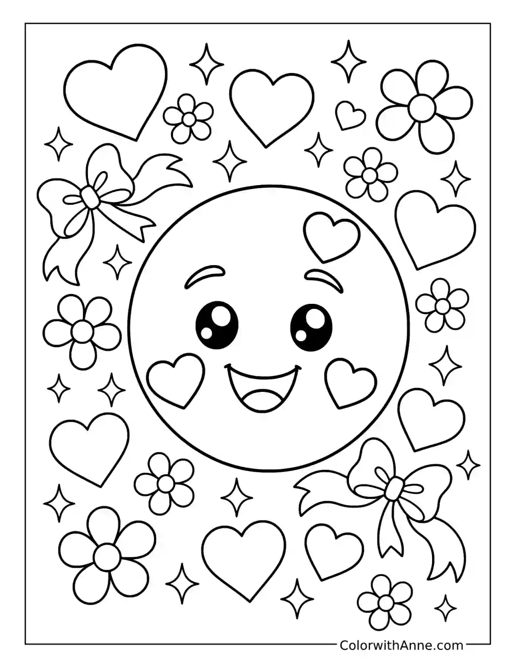 Smiling Emoji with Hearts and Flowers coloring page