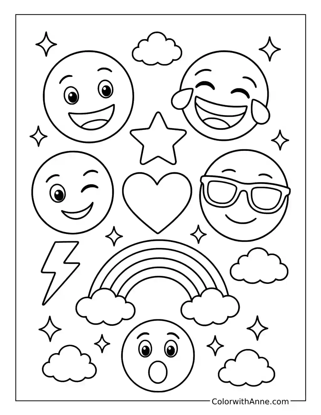 Smiling Emojis with a Rainbow and Stars coloring page