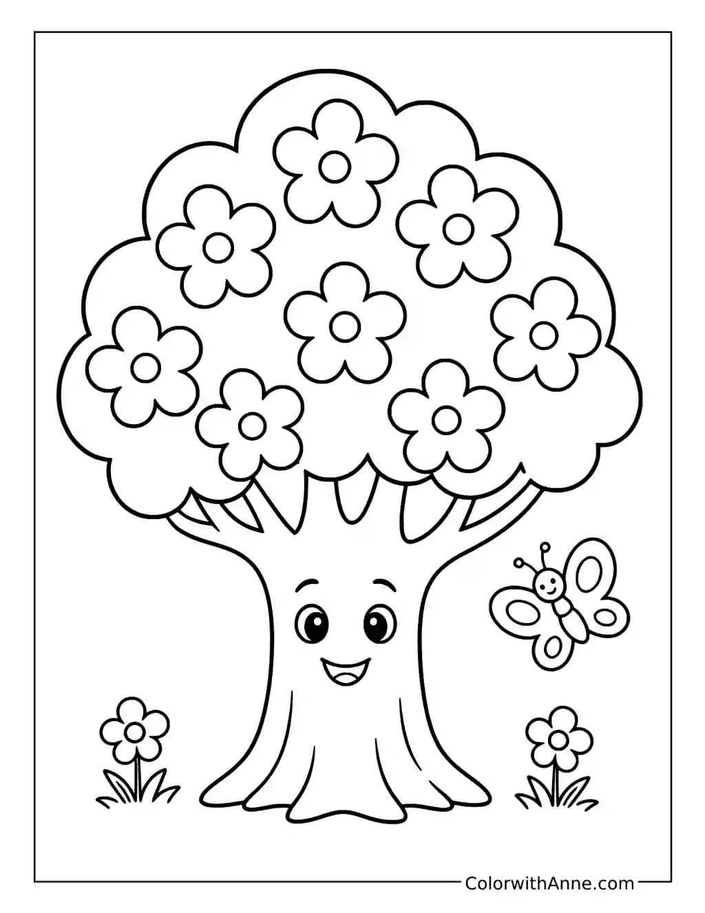 Smiling Flower Tree with a Butterfly coloring page