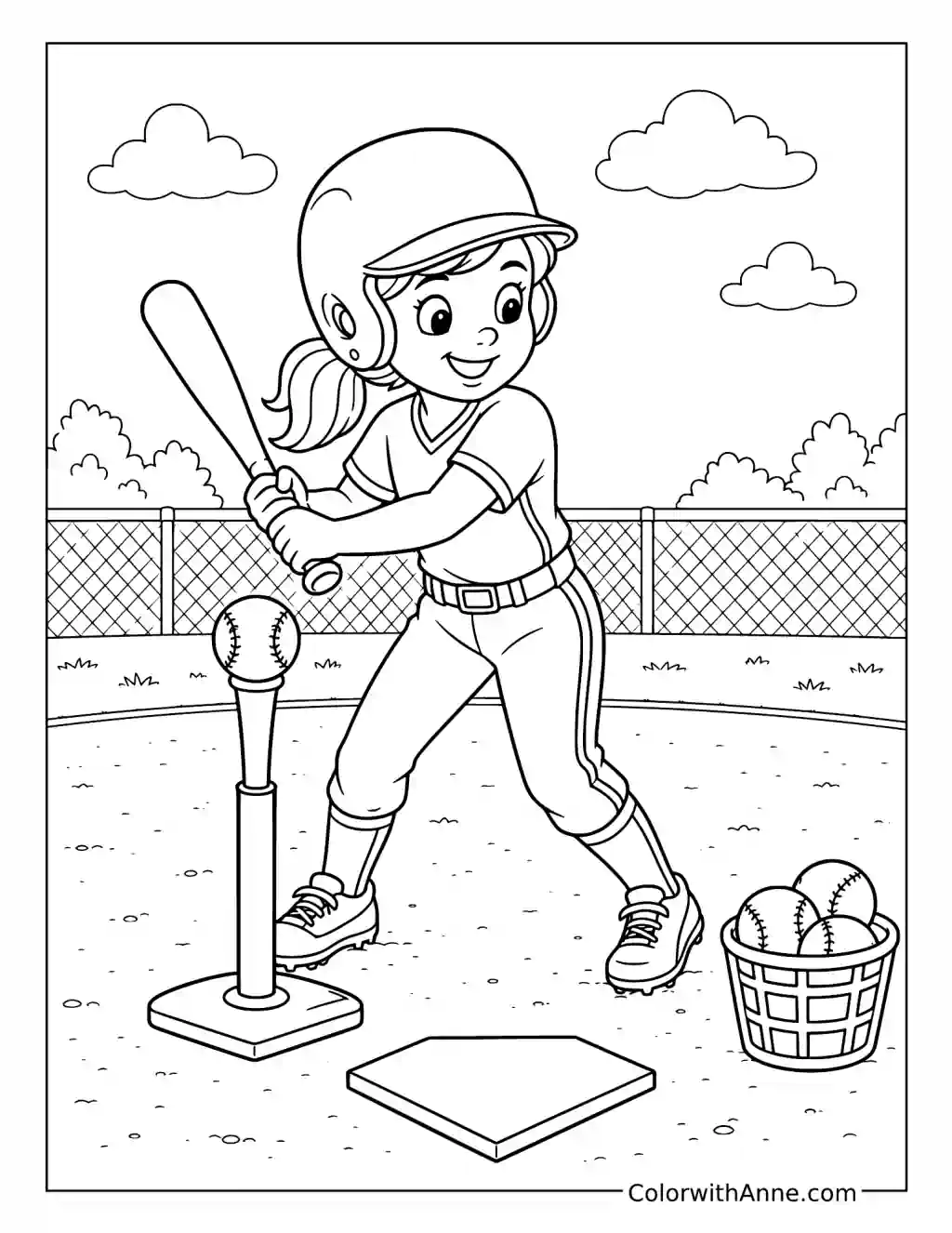 Smiling Girl Batting from a Tee coloring page