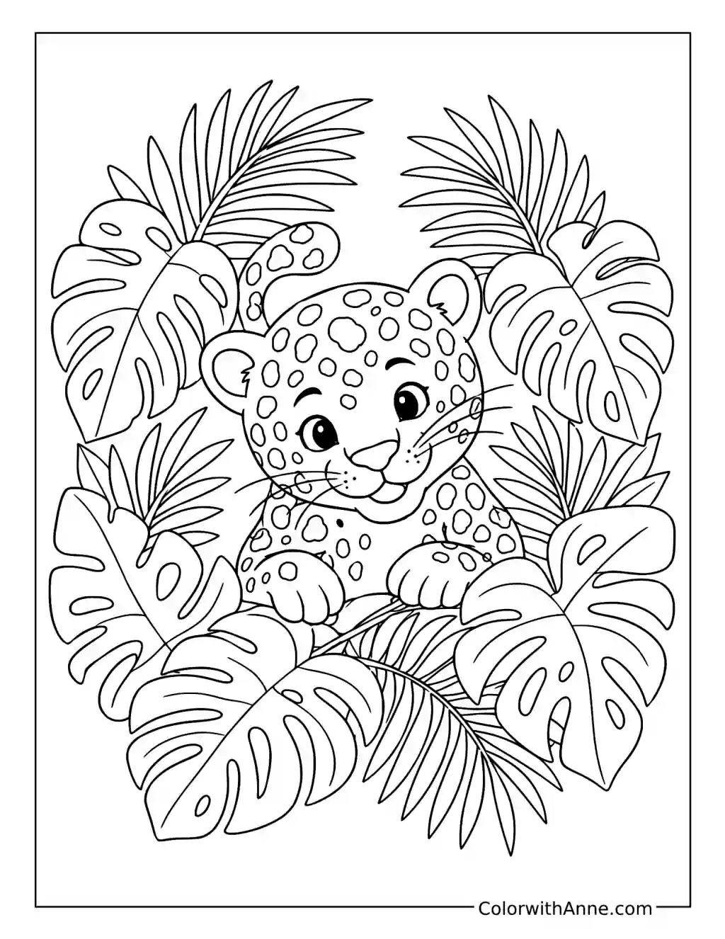 Smiling Jaguar Cub in Jungle Leaves coloring page