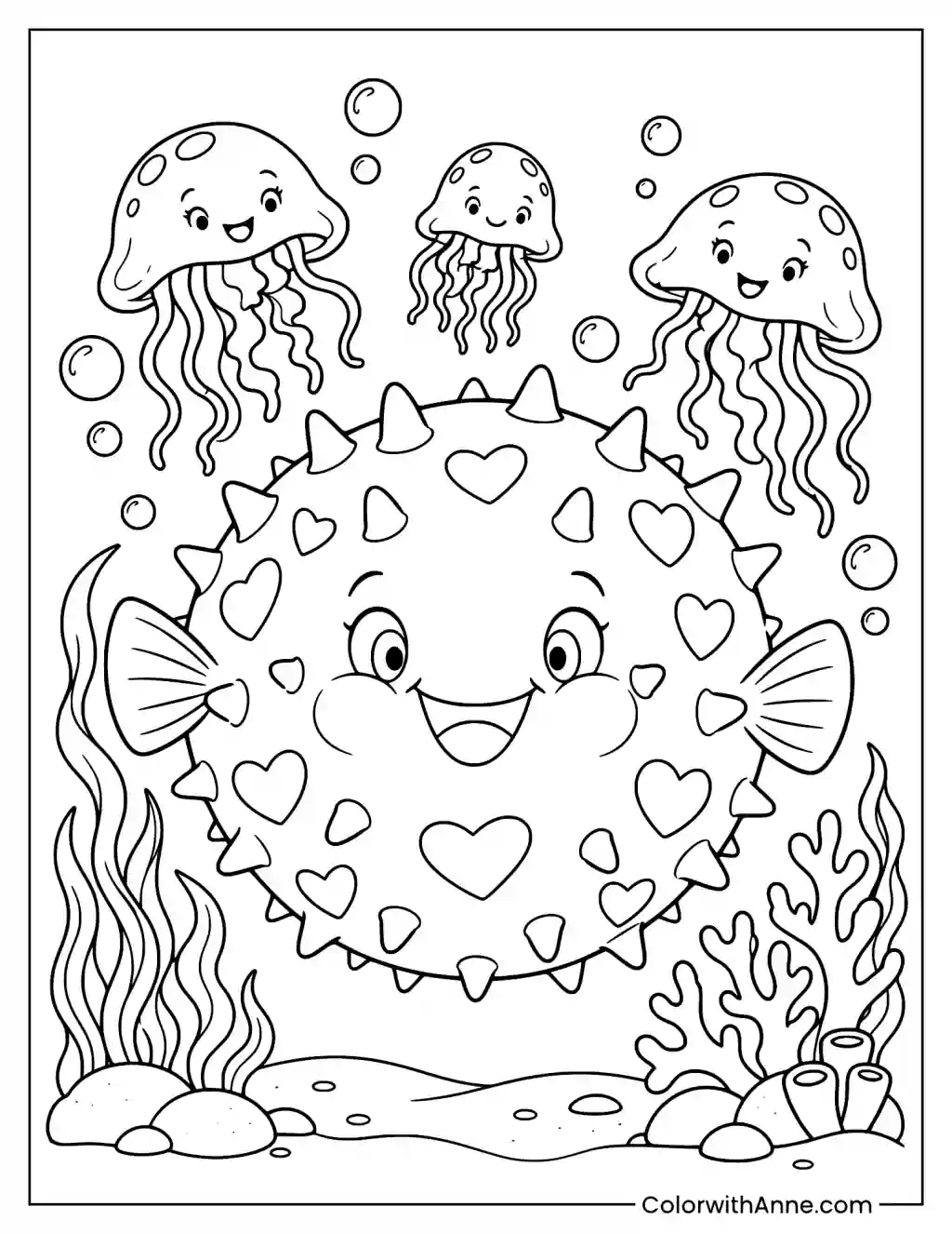Smiling Pufferfish with Heart-Shaped Spots Coloring Page