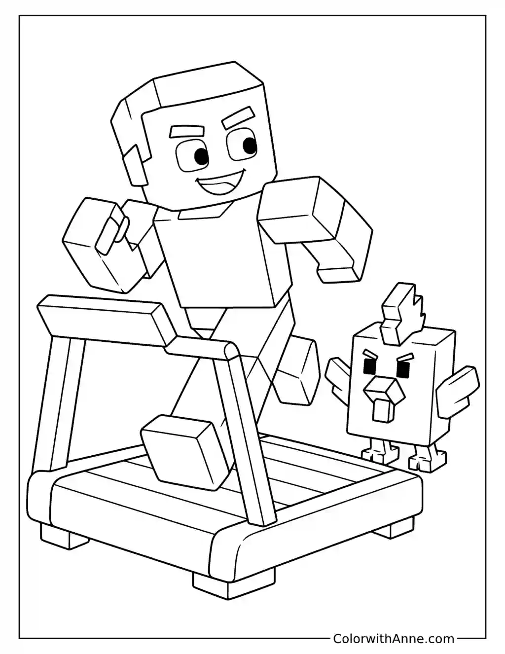 A smiling blocky player runs on a treadmill while a small chicken stands on its belt.