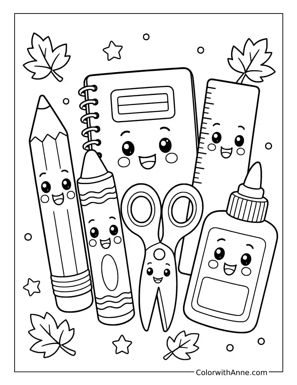 Smiling School Supplies with Autumn Leaves coloring page