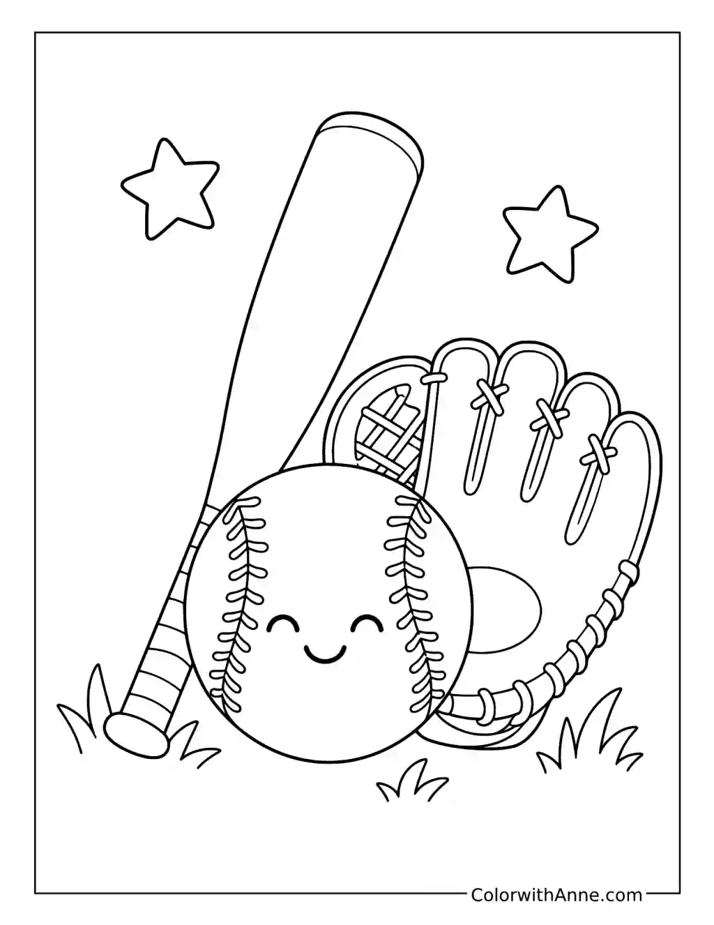 Smiling Softball, Bat, and Glove coloring page