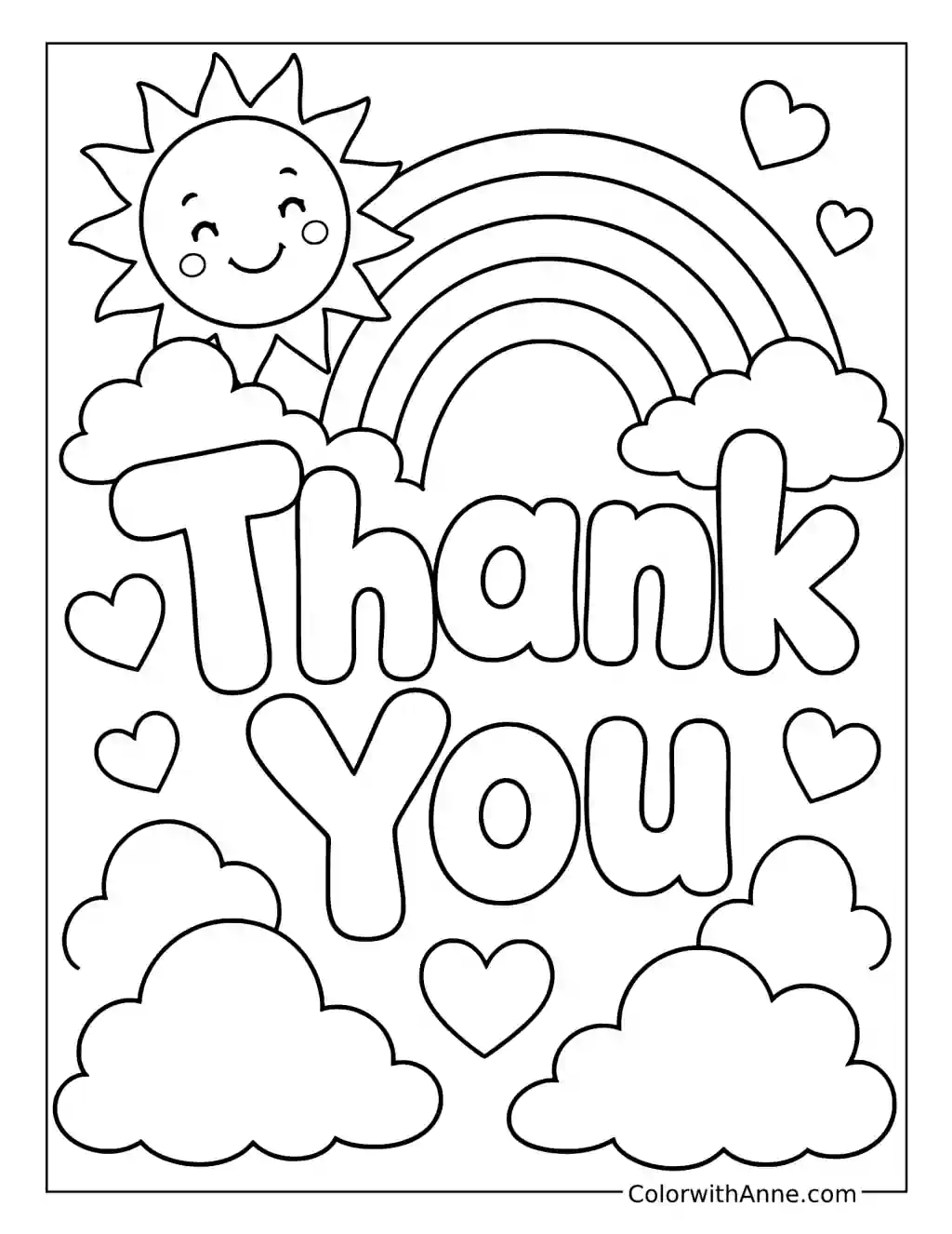 Smiling Sun and Thank You Rainbow coloring page