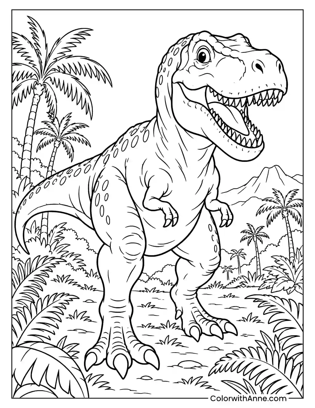 Smiling T-rex in a Prehistoric Jungle Coloring Page
