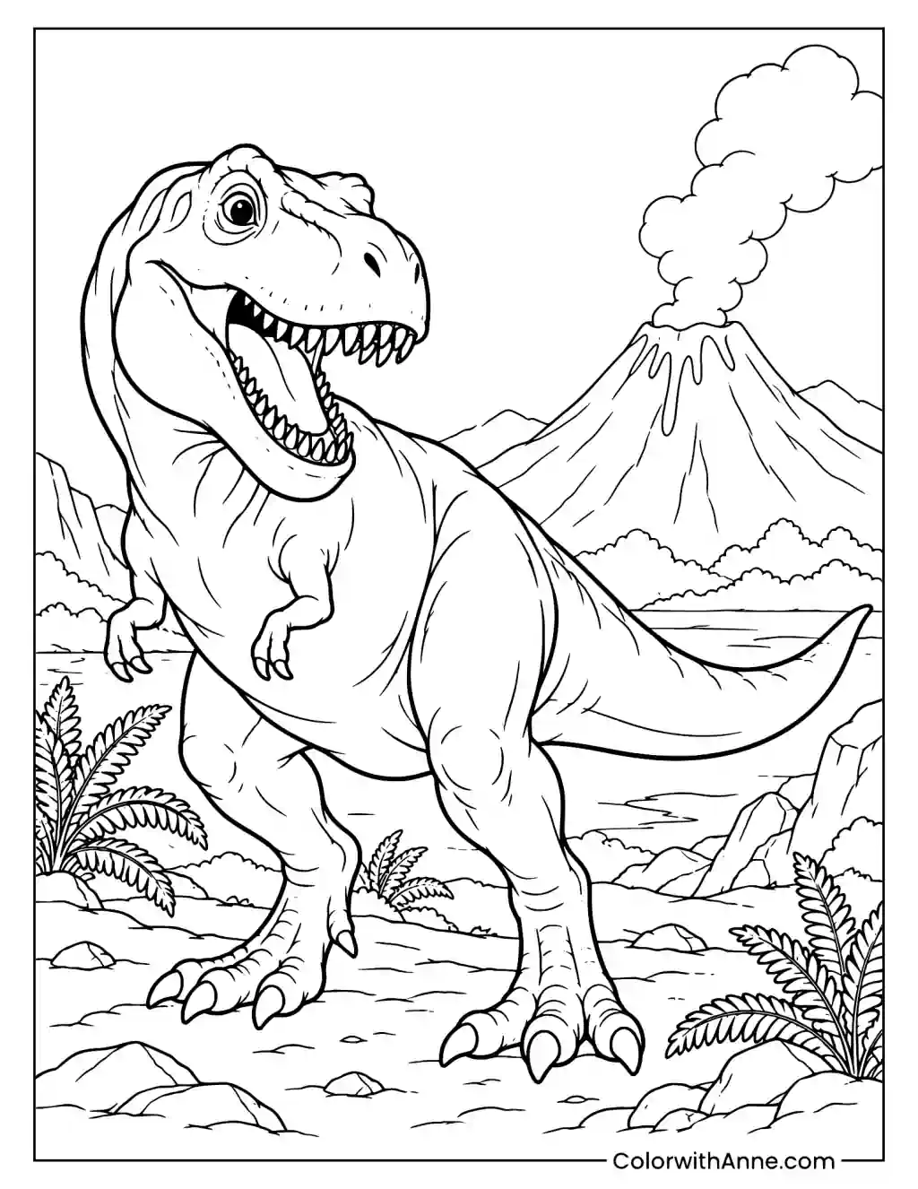 Smiling T-Rex in a Prehistoric Volcano Landscape Coloring Page