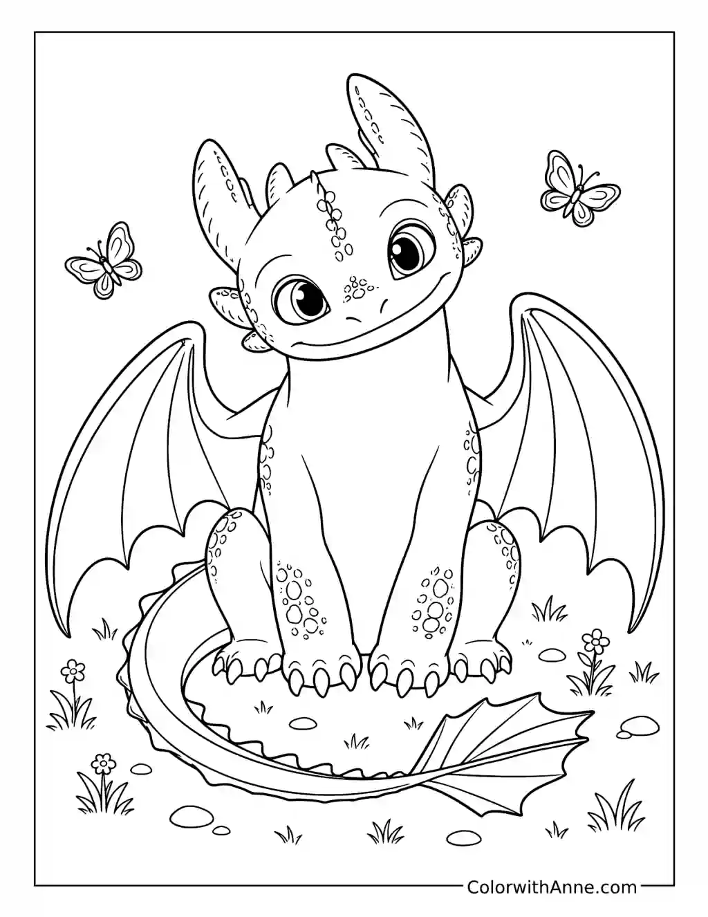 Smiling Toothless in a Meadow coloring page
