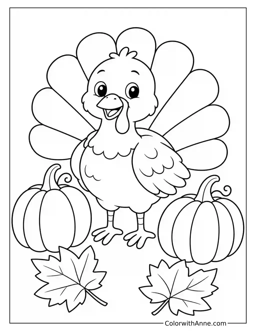 Smiling Turkey with Pumpkins and Autumn Leaves coloring page