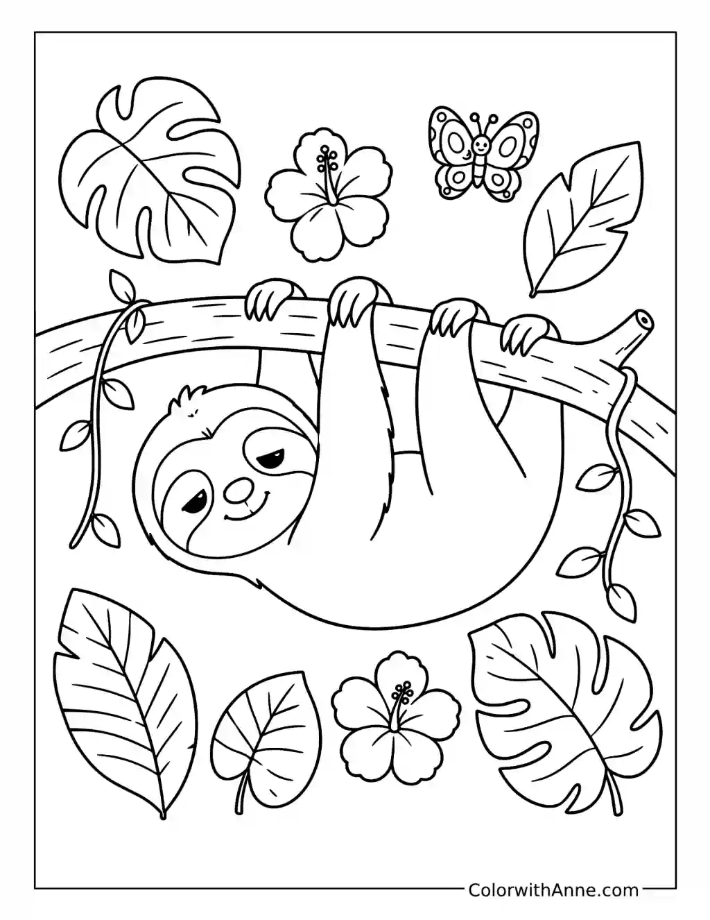 Smiling Upside-Down Baby Sloth coloring page