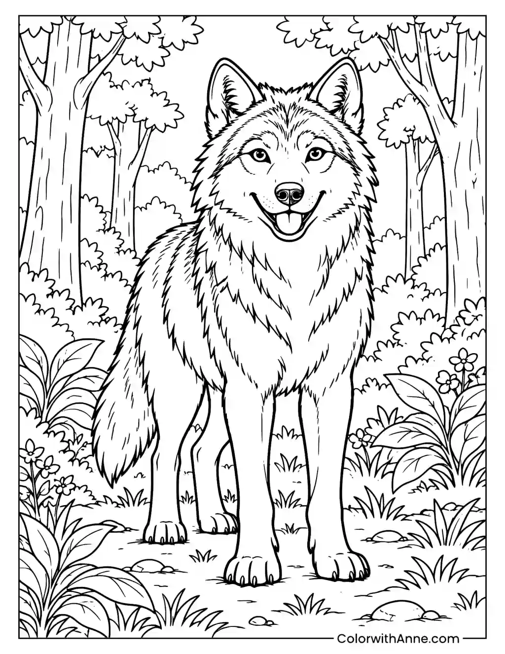 Smiling Wolf in a Forest Coloring Page