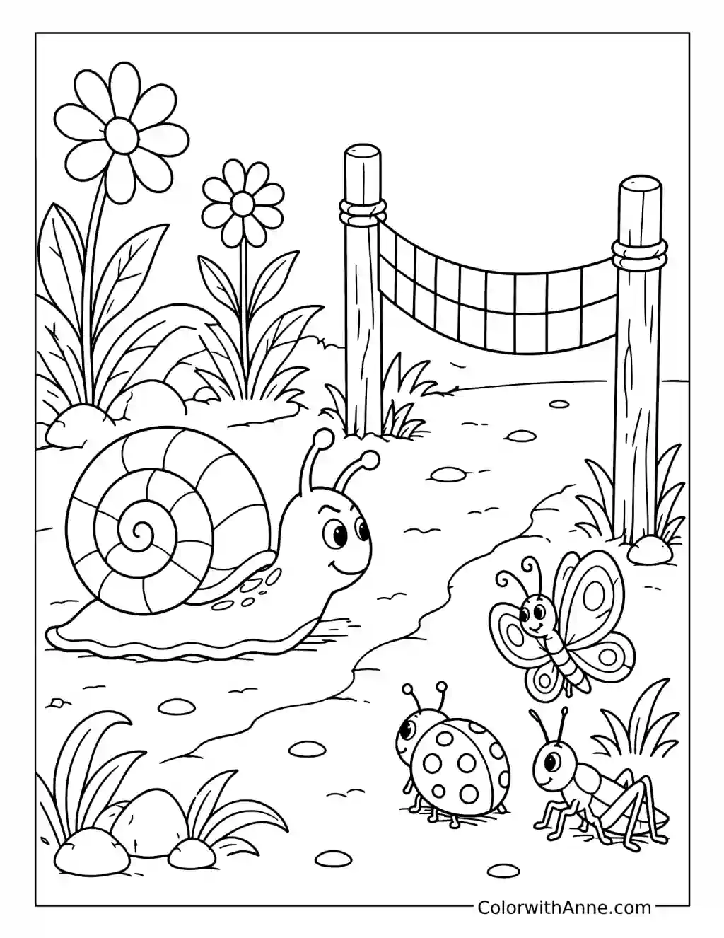 Snail and Garden Bugs Beside a Volleyball Net coloring page