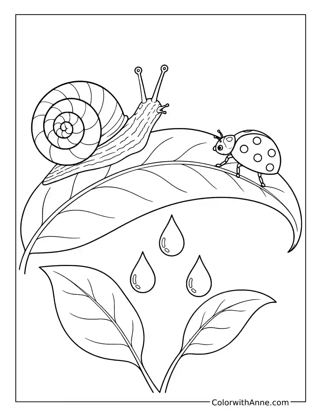 Snail and Ladybug on Rainy Leaves coloring page